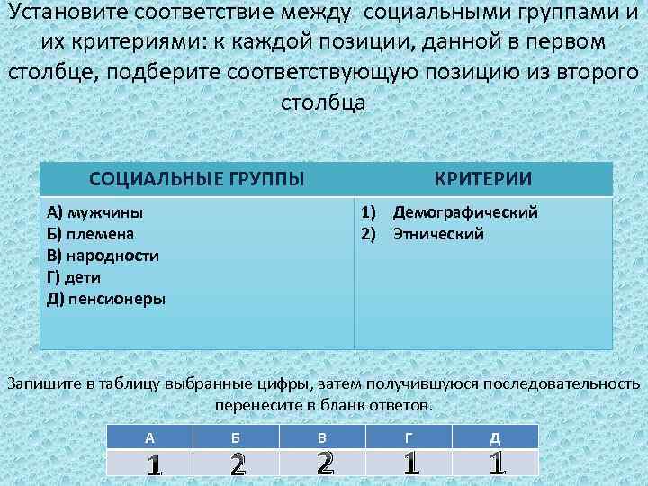 Установите соответствие между социальными группами и их критериями: к каждой позиции, данной в первом