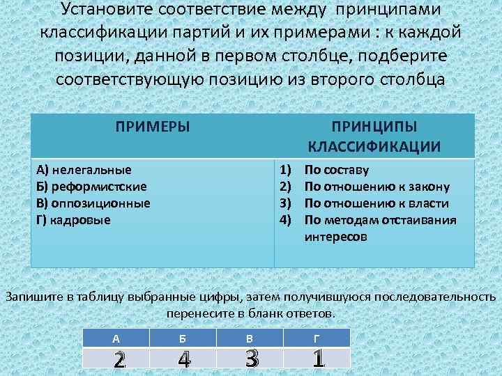 Установите соответствие между принципами классификации партий и их примерами : к каждой позиции, данной