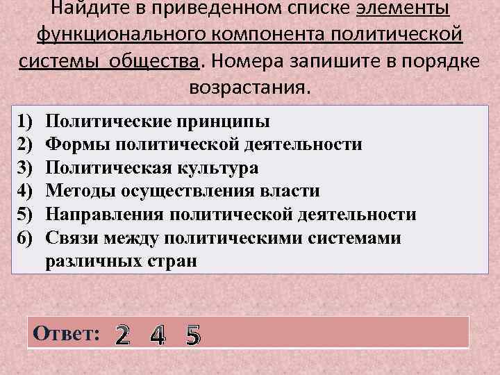 Найдите в приведенном списке элементы функционального компонента политической системы общества. Номера запишите в порядке