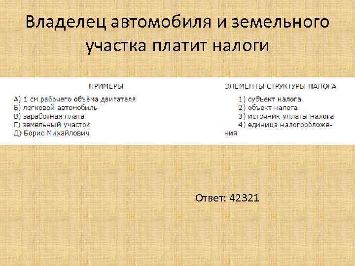 Владелец автомобиля и земельного участка платит налоги Ответ: 42321 
