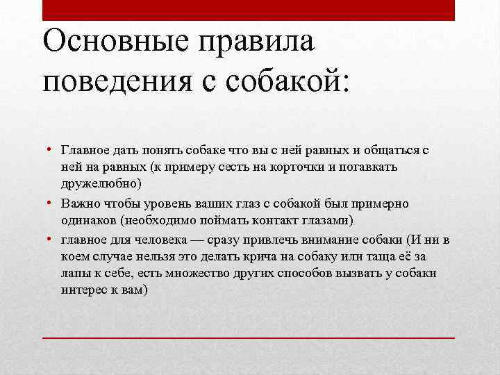 Основные правила поведения с собакой: • Главное дать понять собаке что вы с ней