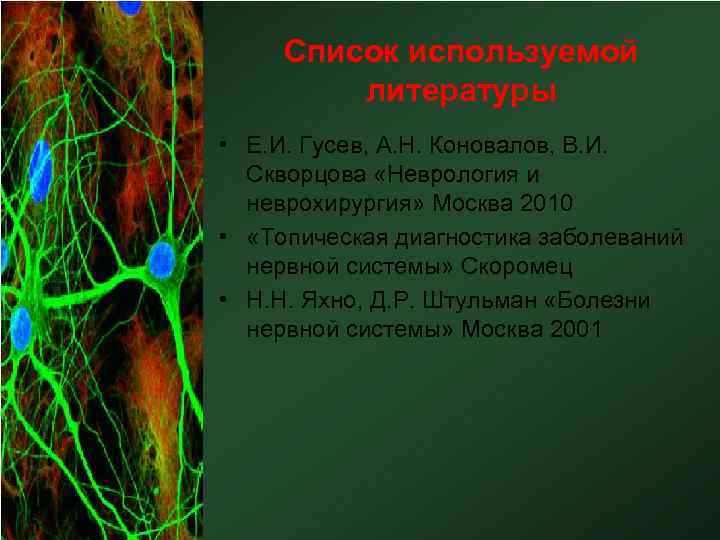 Список используемой литературы • Е. И. Гусев, А. Н. Коновалов, В. И. Скворцова «Неврология