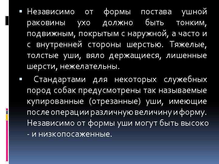  Независимо от формы постава ушной раковины ухо должно быть тонким, подвижным, покрытым c