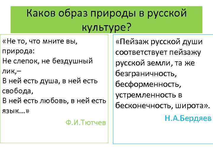 Каков образ природы в русской культуре? «Не то, что мните вы, природа: Не слепок,