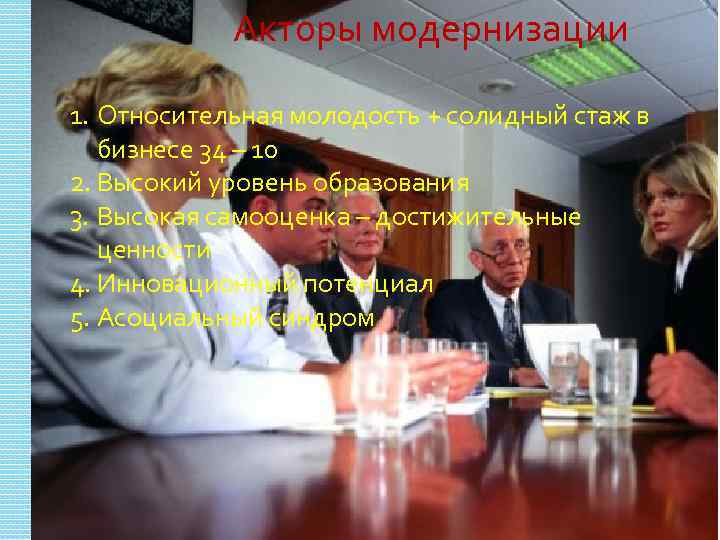 Акторы модернизации 1. Относительная молодость + солидный стаж в бизнесе 34 – 10 2.