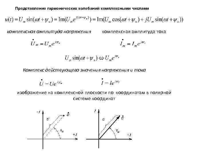 Представление гармонических колебаний комплексными числами комплексная амплитуда напряжения комплексная амплитуда тока Комплекс действующего значения