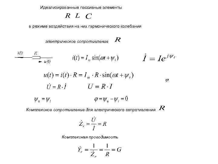 Идеализированные пассивные элементы в режиме воздействия на них гармонического колебания электрическое сопротивление Комплексное сопротивление