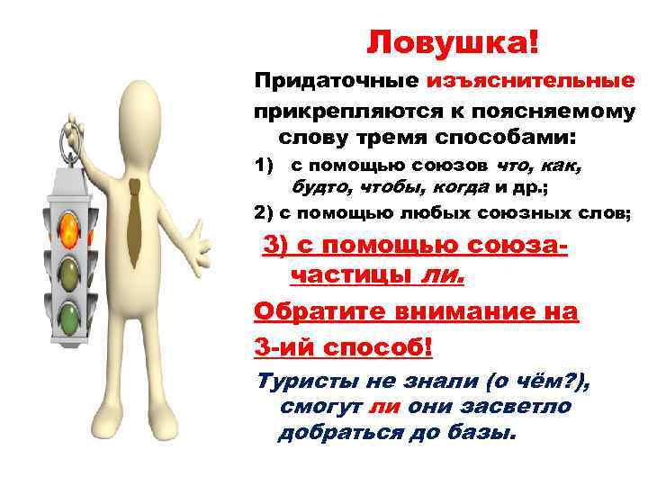 Ловушка! Придаточные изъяснительные прикрепляются к поясняемому слову тремя способами: 1) с помощью союзов что,