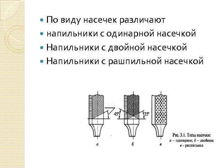 По виду насечек различают напильники с одинарной насечкой Напильники с двойной насечкой Напильники с