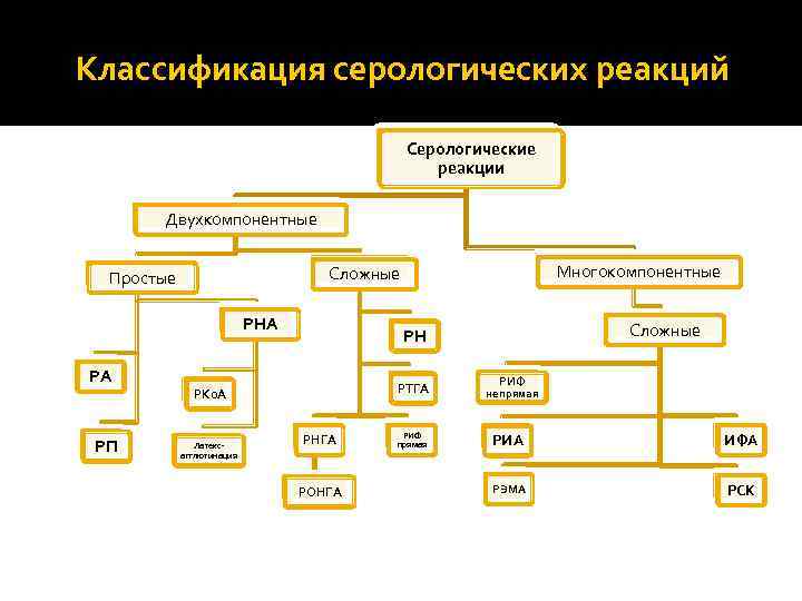 Классификация серологических реакций Серологические реакции Двухкомпонентные РНА РА РП Многокомпонентные Сложные Простые РТГА РКо.