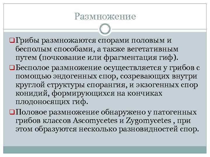 Размножение q Грибы размножаются спорами половым и бесполым способами, а также вегетативным путем (почкование