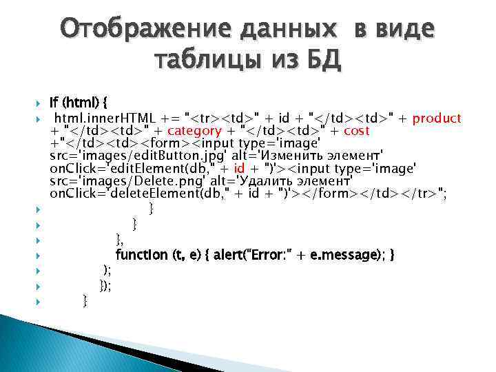 Отображение данных в виде таблицы из БД if (html) { html. inner. HTML +=
