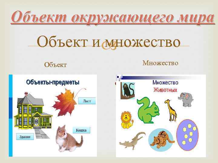  Объект окружающего мира Объект и множество Объект-это любая часть окружающей действительности (предмет, процесс,