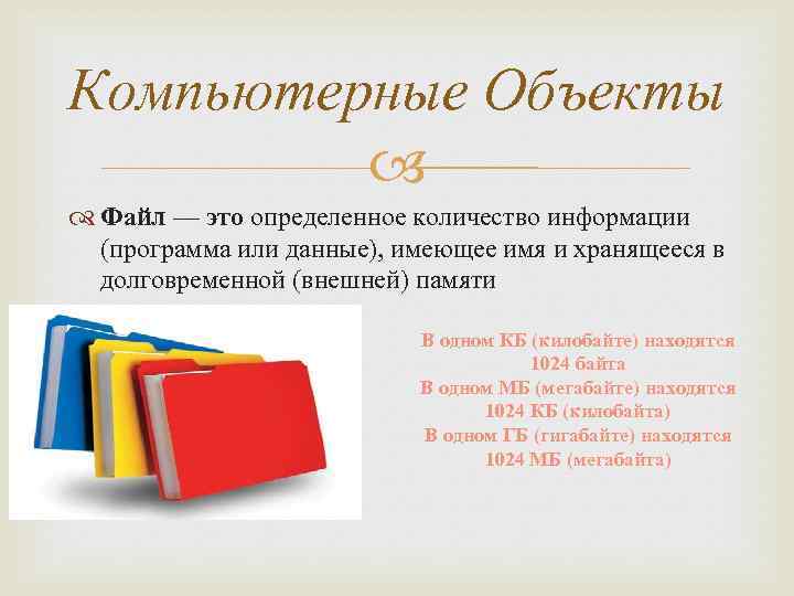 Компьютерные Объекты Файл — это определенное количество информации (программа или данные), имеющее имя и