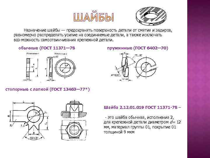 Назначение шайбы — предохранять поверхность детали от смятия и задиров, равномерно распределять усилие на