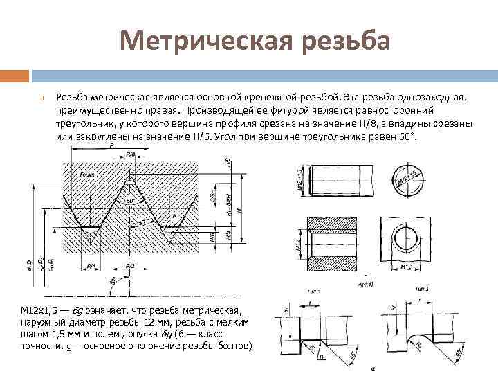 Метрическая резьба Резьба метрическая является основной крепежной резьбой. Эта резьба однозаходная, преимущественно правая. Производящей