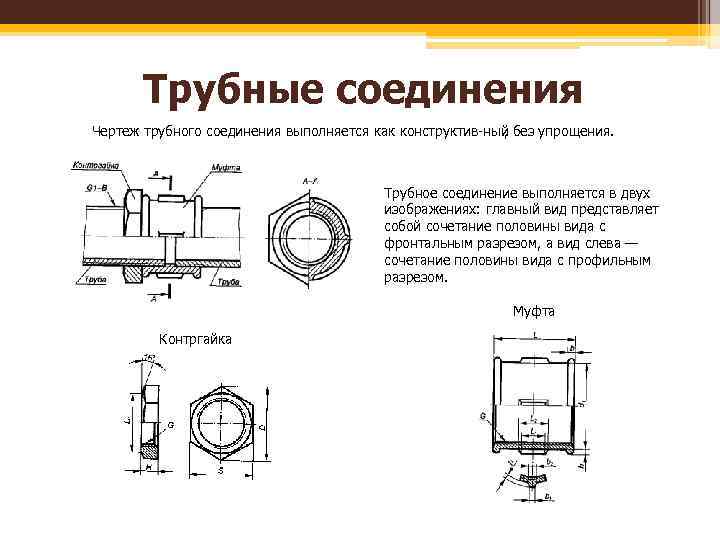 Трубные соединения Чертеж трубного соединения выполняется как конструктив ный без упрощения. , Трубное соединение