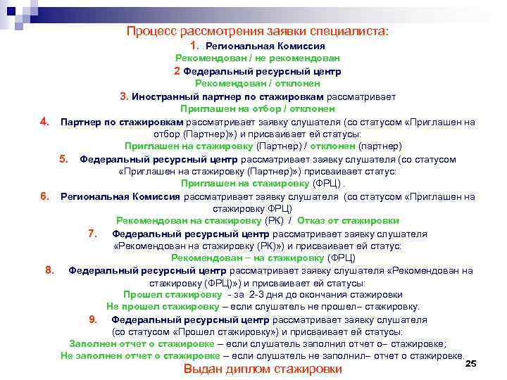 Процесс рассмотрения заявки специалиста: 1. Региональная Комиссия Рекомендован / не рекомендован 2 Федеральный ресурсный