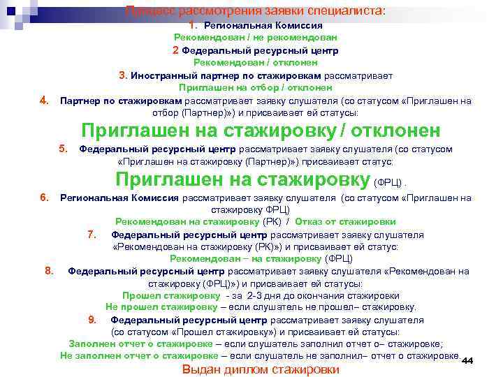 Процесс рассмотрения заявки специалиста: 1. Региональная Комиссия Рекомендован / не рекомендован 2 Федеральный ресурсный