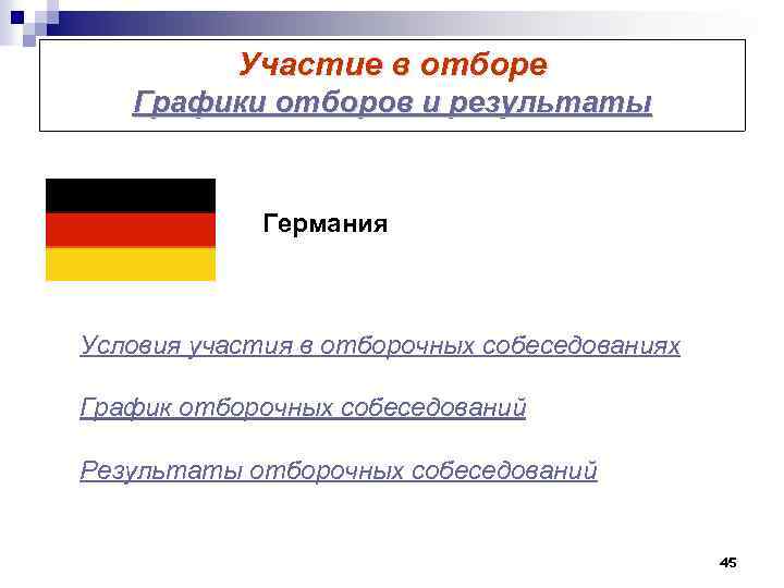 Участие в отборе Графики отборов и результаты Германия Условия участия в отборочных собеседованиях График