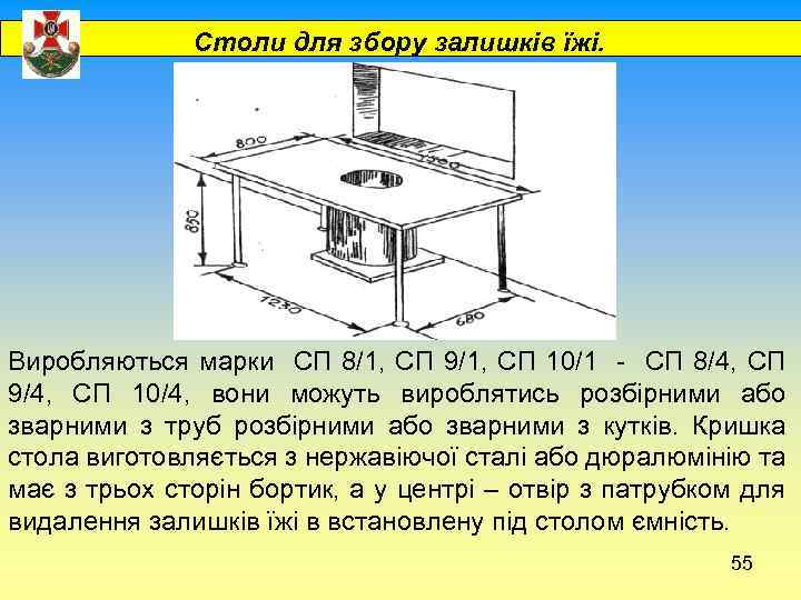  Столи для збору залишків їжі. Виробляються марки СП 8/1, СП 9/1, СП 10/1