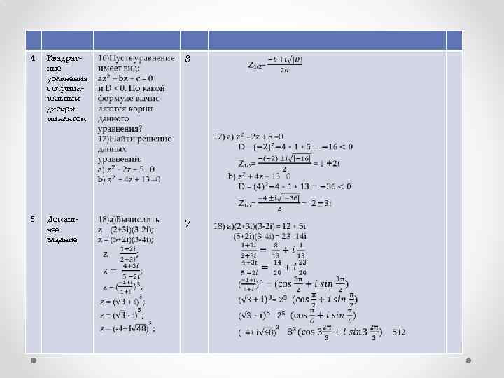 4 Квадратные уравнения с отрицательным дискриминантом 8 5 Домашнее задание 7 