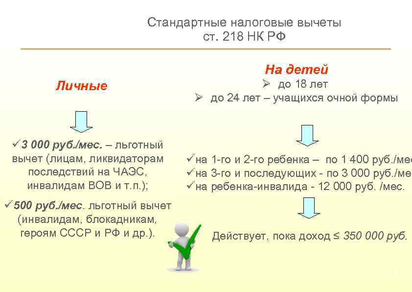Стандартные налоговые вычеты ст. 218 НК РФ На детей Личные ü 3 000 руб.