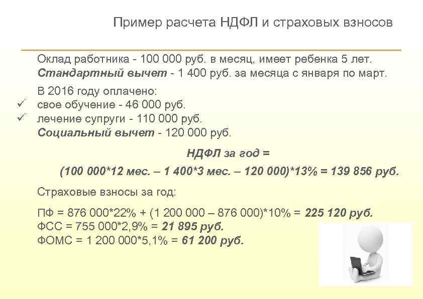 Пример расчета НДФЛ и страховых взносов Оклад работника - 100 000 руб. в месяц,