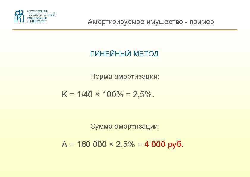 Амортизируемое имущество - пример ЛИНЕЙНЫЙ МЕТОД Норма амортизации: K = 1/40 × 100% =