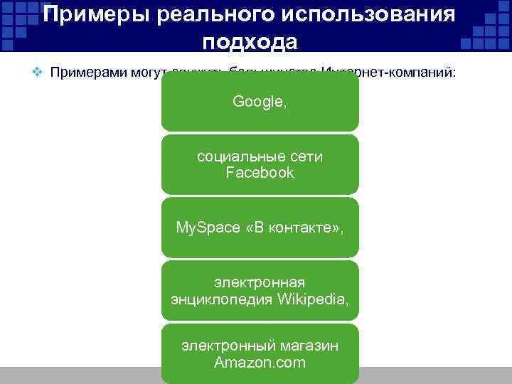 Примеры реального использования подхода v Примерами могут служить большинство Интернет-компаний: Google, социальные сети Facebook