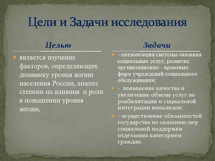 Цели и Задачи исследования Целью является изучение факторов, определяющих динамику уровня жизни населения России,