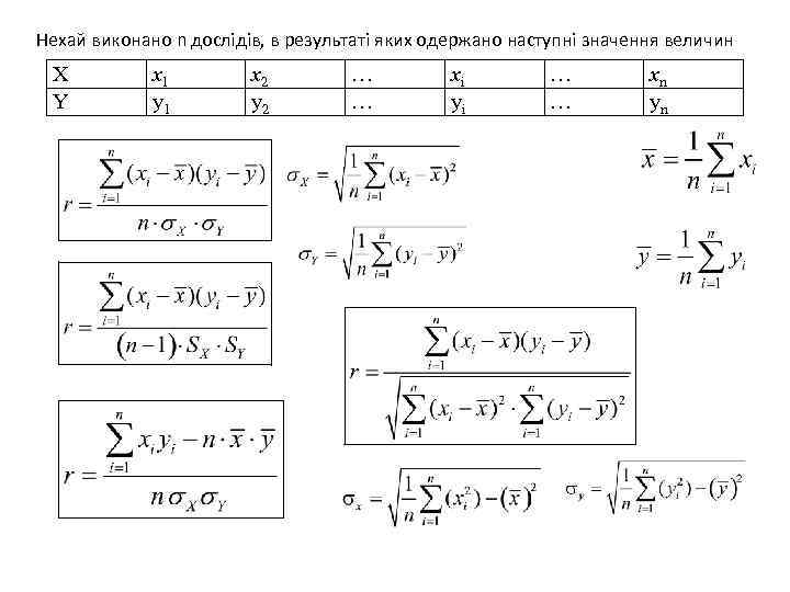 Нехай виконано n дослідів, в результаті яких одержано наступні значення величин X Y x