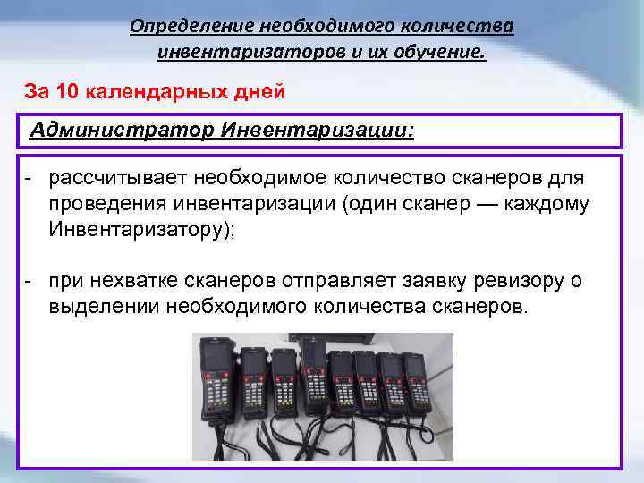 Определение необходимого количества инвентаризаторов и их обучение. За 10 календарных дней Администратор Инвентаризации: -