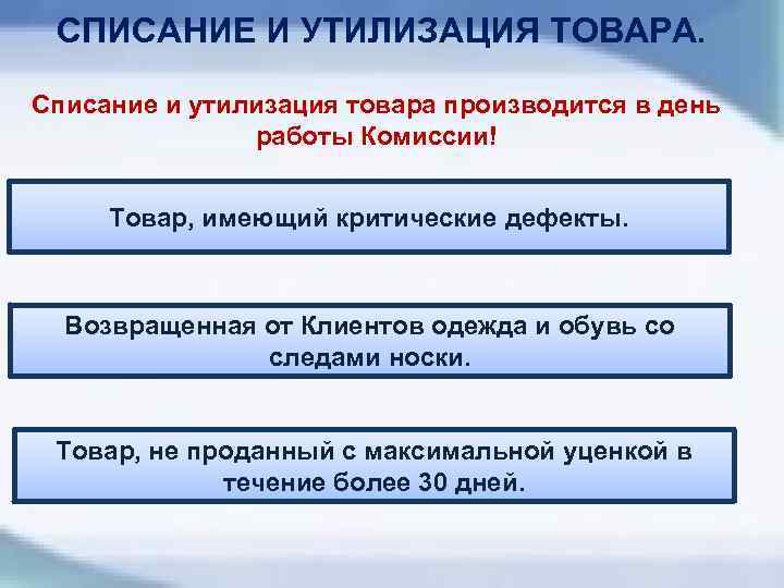 СПИСАНИЕ И УТИЛИЗАЦИЯ ТОВАРА. Списание и утилизация товара производится в день работы Комиссии! Товар,