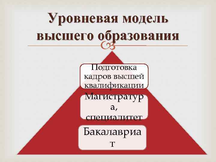 Уровневая модель высшего образования Подготовка кадров высшей квалификации Магистратур а, специалитет Бакалавриа т 