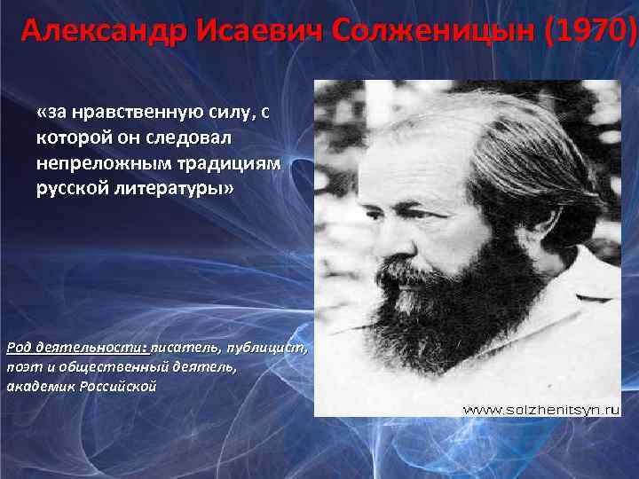 Александр Исаевич Солженицын (1970) Александр Исаевич Солженицын «за нравственную силу, с которой он следовал