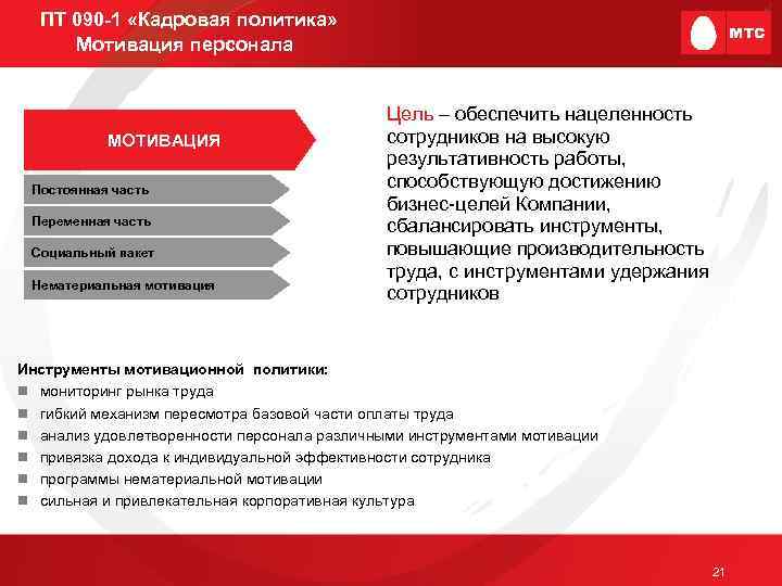 ПТ 090 -1 «Кадровая политика» Мотивация персонала МОТИВАЦИЯ Постоянная часть Переменная часть Социальный пакет