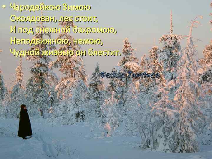  • Чародейкою Зимою Околдован, лес стоит, И под снежной бахромою, Неподвижною, немою, Чудной