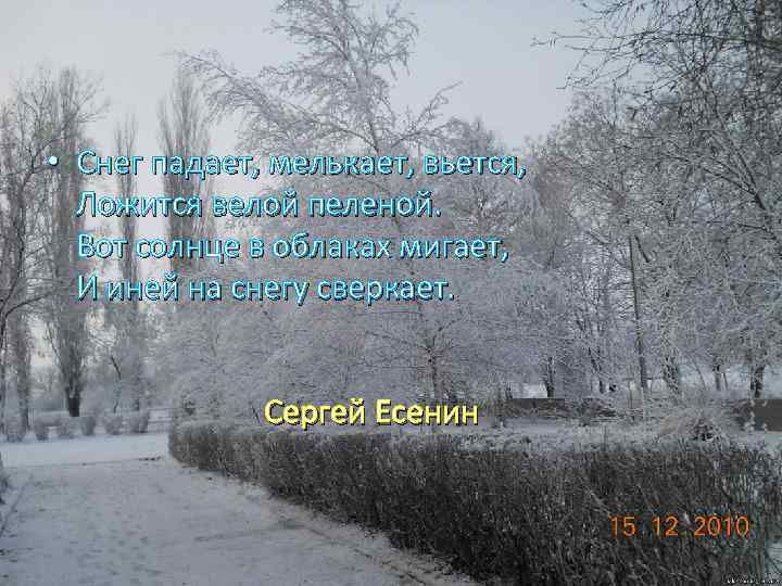  • Снег падает, мелькает, вьется, Ложится велой пеленой. Вот солнце в облаках мигает,