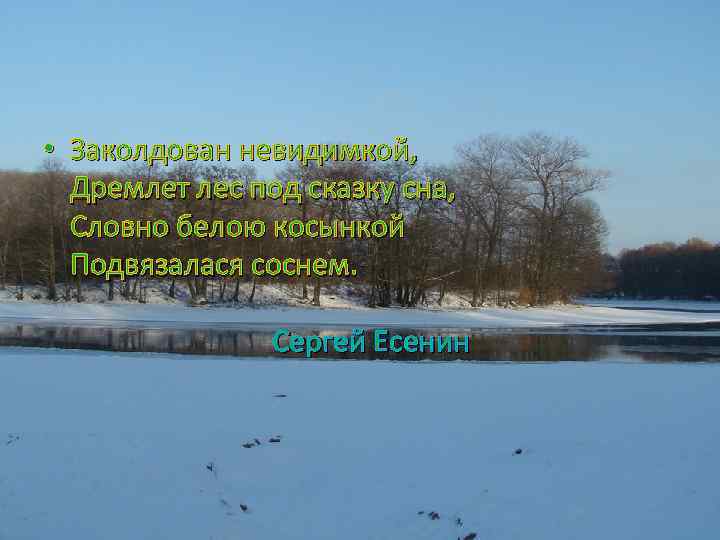  • Заколдован невидимкой, Дремлет лес под сказку сна, Словно белою косынкой Подвязалася соснем.