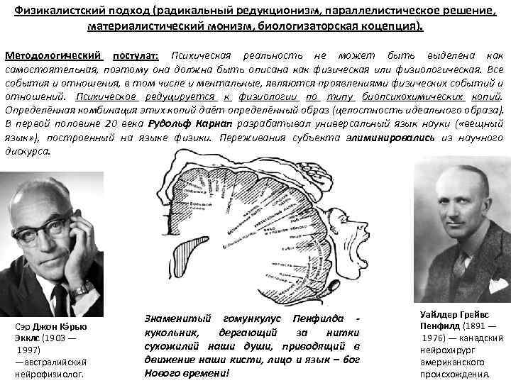 Физикалистский подход (радикальный редукционизм, параллелистическое решение, материалистический монизм, биологизаторская коцепция). Методологический постулат: Психическая реальность