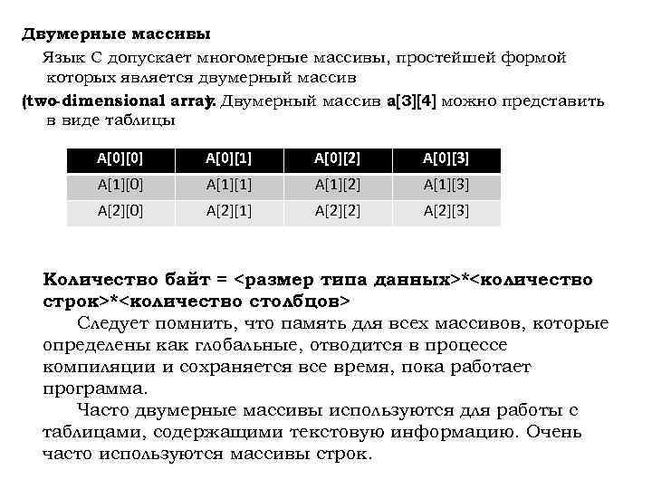 Двумерные массивы Язык С допускает многомерные массивы, простейшей формой которых является двумерный массив (two-dimensional