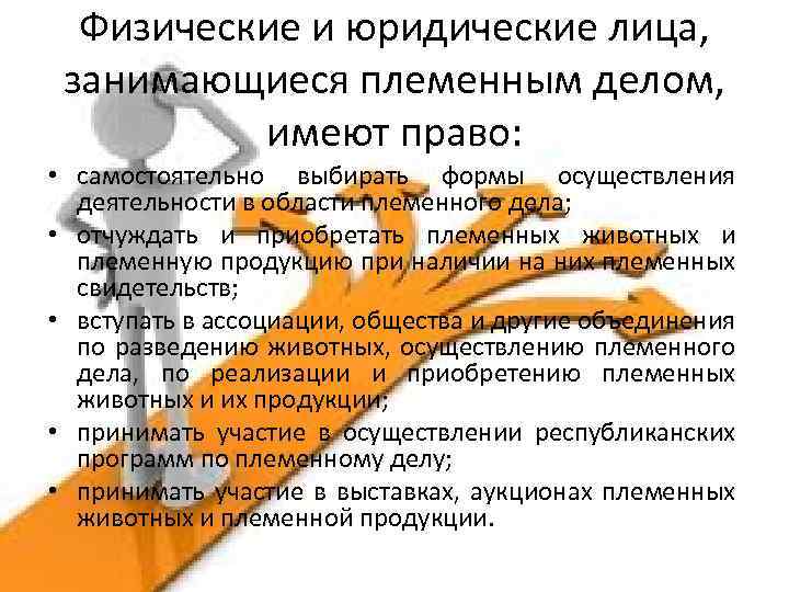 Физические и юридические лица, занимающиеся племенным делом, имеют право: • самостоятельно выбирать формы осуществления