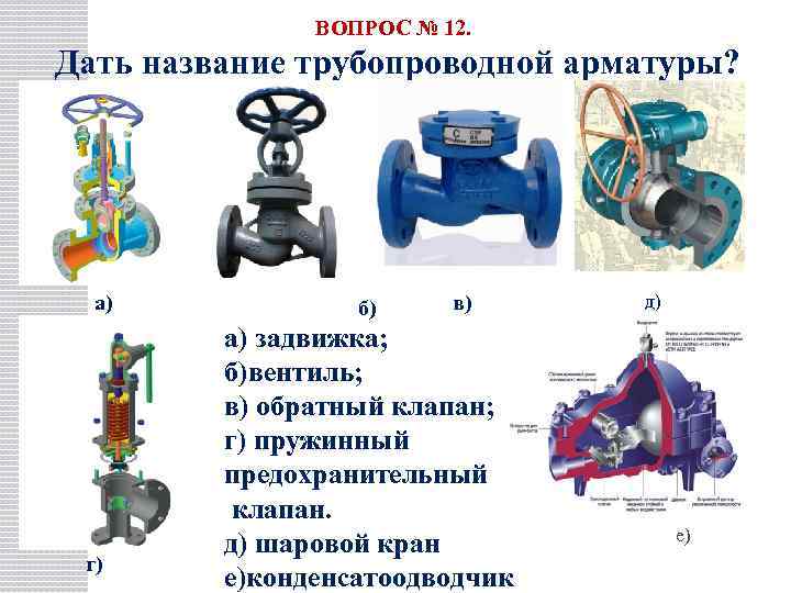 ВОПРОС № 12. Дать название трубопроводной арматуры? а) г) б) в) а) задвижка; б)вентиль;