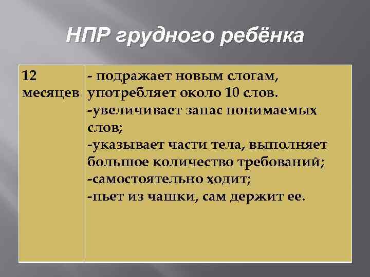 НПР грудного ребёнка 12 - подражает новым слогам, месяцев употребляет около 10 слов. -увеличивает