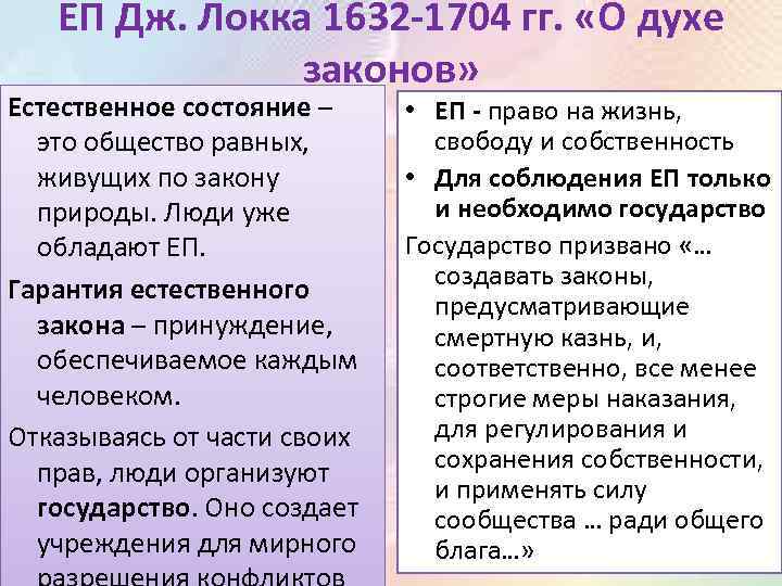 ЕП Дж. Локка 1632 -1704 гг. «О духе законов» Естественное состояние – это общество