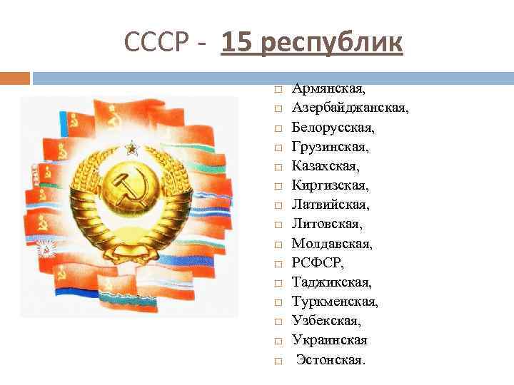 СССР - 15 республик Армянская, Азербайджанская, Белорусская, Грузинская, Казахская, Киргизская, Латвийская, Литовская, Молдавская, РСФСР,