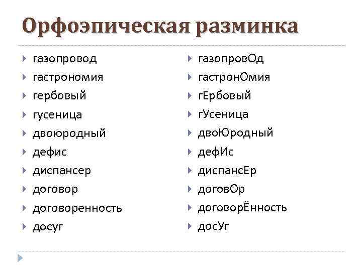 Орфоэпическая разминка газопровод гастрономия гербовый гусеница двоюродный дефис диспансер договоренность досуг газопров. Од гастрон.