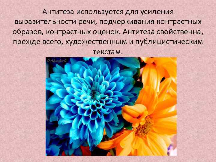 Антитеза используется для усиления выразительности речи, подчеркивания контрастных образов, контрастных оценок. Антитеза свойственна, прежде