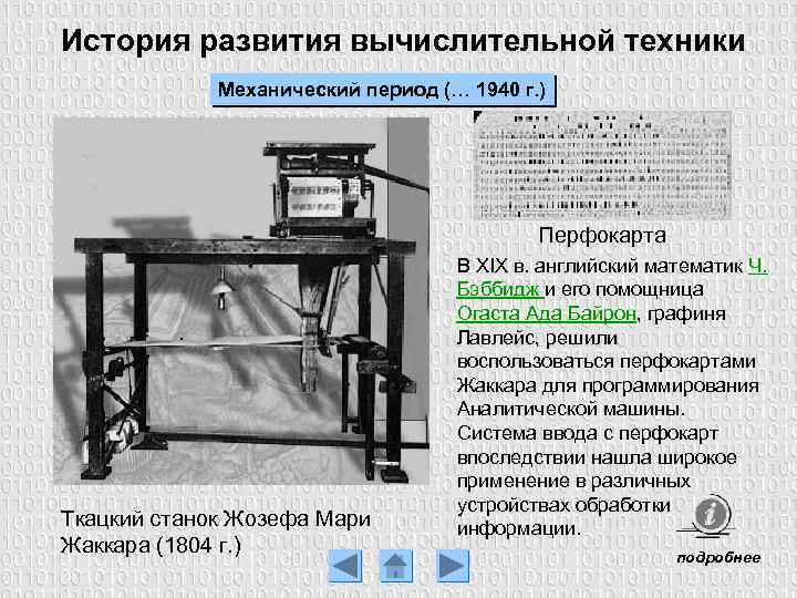 История развития вычислительной техники Механический период (… 1940 г. ) Перфокарта Ткацкий станок Жозефа